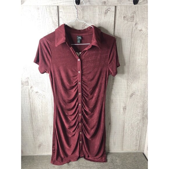 Wild Fable Dresses & Skirts - Womens Wild Fable Berry Red Burgundy Button Up Mini Ruched BodyCon Dress Size S
